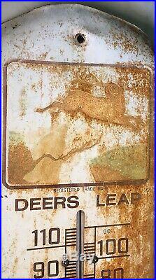 1940s tin Deers Leap beer sign + thermometer John Deere brew