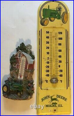 2- Vtg John Deere Moline, Illinois Thermometer Rare Old Metal Sign+New JD Therm