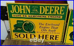 3 Original JOHN DEERE 2 CYLINDER & KEROSENE porcelain signs DEALER SALES SERVICE