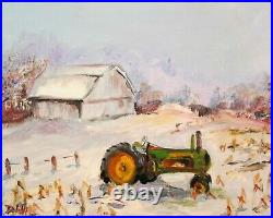 Barn John Deere tractor winter landscape farm corn field 8x10 oil art Delilah