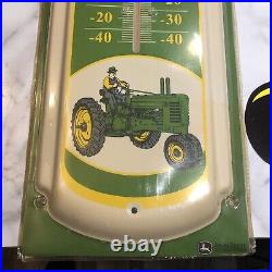 Big Vintage John Deere Farm Equipment Tractors 27x 8 Metal Thermometer Sign