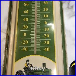 Big Vintage John Deere Farm Equipment Tractors 27x 8 Metal Thermometer Sign