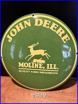 Convex Vintage''john Deere Moline, Ill'' Dealer Porcelain Sign 12 Inch