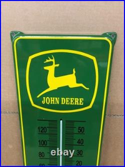 JOHN DEERE Advertising Thermometer Porcelain Enamel Steel Sign (Mounting Ears)