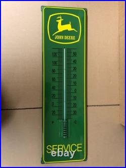 JOHN DEERE Advertising Thermometer Porcelain Enamel Steel Sign (Mounting Ears)