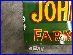 JOHN DEERE FARM IMPLEMENTS LARGE, HEAVY PORCELAIN DEALER SIGN, (36x 12) NICE