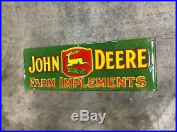 JOHN DEERE FARM IMPLEMENTS LARGE, HEAVY PORCELAIN DEALER SIGN, (36x 12) NICE
