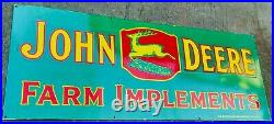 JOHN DEERE FARM IMPLEMENTS PORCELAIN ADVERTISING ENAMEL SIGN 24 x 60 INCHES