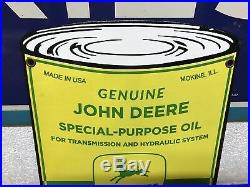 JOHN DEERE OIL PORCELAIN CAN SIGN, EXCELLENT (NEAR MINT) (11x 8)