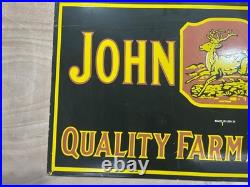 JOHN DEERE Quality Farm Implements Gas & Oil Porcelain Enamel Sign 48x24 SSP