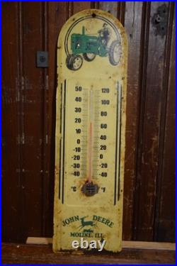 JOHN DEERE STAMPED PAINTED PAINTED METAL THERMOMETER SIGN 1950s VINTAGE 16 TALL