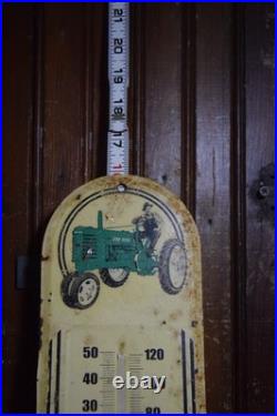 JOHN DEERE STAMPED PAINTED PAINTED METAL THERMOMETER SIGN 1950s VINTAGE 16 TALL
