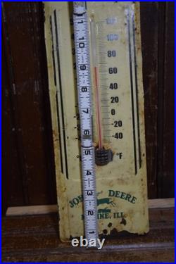 JOHN DEERE STAMPED PAINTED PAINTED METAL THERMOMETER SIGN 1950s VINTAGE 16 TALL