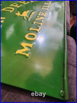 John Deere Embossed Panel Sign 30 X 21 steel nice circa 1920's grain binder