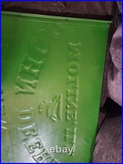 John Deere Embossed Panel Sign 30 X 21 steel nice circa 1920's grain binder