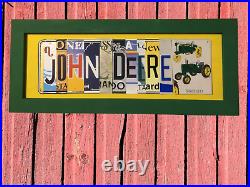 John Deere License Plate Letter Sign Rustic Wood Frame Decor Farmhouse Vintage
