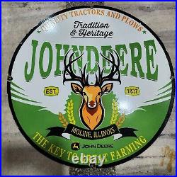 John Deere Porcelain Enamel Sign 30 Inches Round