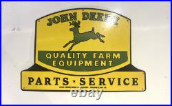 John Deere Quality Farm Equipment Porcelain Enamel Sign Parts Services 16x10.8