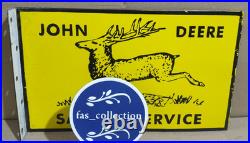 John Deere Sales & Service Porcelain Enamel Sign 18 x 10 Inches 2 Sided