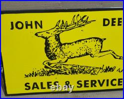 John Deere Sales & Service Porcelain Enamel Sign 18 x 10 Inches 2 Sided