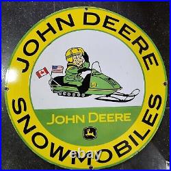 John Deere Snowmobiles Porcelain Enamel Sign 30 Inches Round