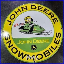 John Deere Snowmobiles Porcelain Enamel Sign 30 Inches Round