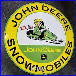 John Deere Snowmobiles Porcelain Enamel Sign 30 Inches Round