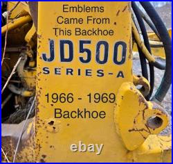 John Deere Tractor Tin Emblem off JD 500A Backhoe Side Hood'66-9 Vtg Pair 23.5 John Deere Tractor Tin Emblem off JD 500A Backhoe Side Hood'66-9 Vtg Pair 23.5