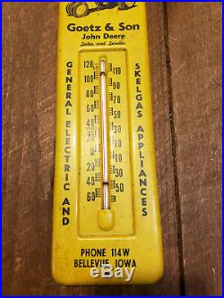 L4956- Antique Vintage JOHN DEERE THERMOMETER with Tractor Graphic ORIGINAL