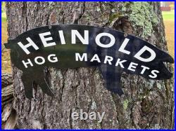 LARGE VINTAGE HEINOLD HOG MARKET PORCELAIN SIGN 24x11 LARGE VINTAGE HEINOLD HOG MARKET PORCELAIN SIGN 24x11