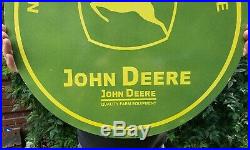 Large 24 Double Sided John Deere Farm Equipment Porcelain Sign Marked 1952