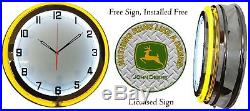 Nothing Runs Like A John Deere Sign with Free 19 Double Neon Clock Yellow Neon