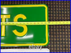 ORIGINAL 1970's JOHN DEERE APRTS HEAVY EMBOSSED STEEL DEALER SIGN (36x 12)