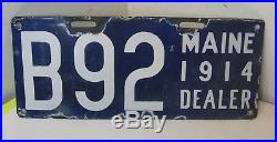 Old Original 1914 Maine Porcelain Dealer License Plate Tag