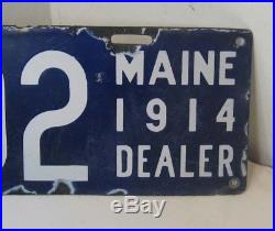 Old Original 1914 Maine Porcelain Dealer License Plate Tag