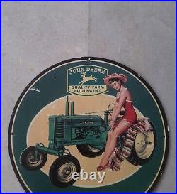 Old Rare John Deere Pin Up Garage Mancave Vintage Porcelain Enamel Sign