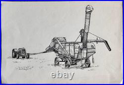 Original 1983 John Deere CASE Thresher Pen & Ink Drawing Signed K. L. Sawyer