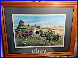 Original Framed Old John Deere Tractors Wall Picture Print (signed)