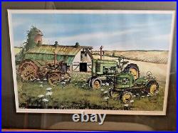 Original Framed Old John Deere Tractors Wall Picture Print (signed)