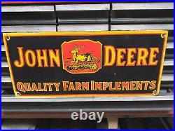 Original JOHN DEERE QUALITY IMPLEMENTS porcelain sign dealership sale service