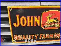 Original JOHN DEERE QUALITY IMPLEMENTS porcelain sign dealership sale service