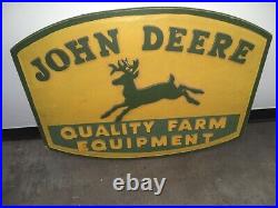 Original John Deere Farm Equipment Leaping Dear Embossed Sign Green & Yellow