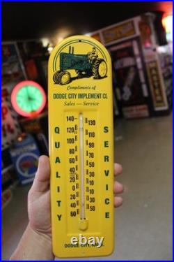 RARE 1950s JOHN DEERE DODGE CITY KANSAS STAMPED METAL THERMOMETER SIGN TRACTOR