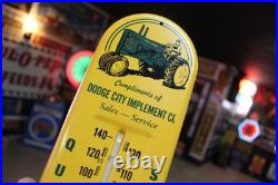 RARE 1950s JOHN DEERE DODGE CITY KANSAS STAMPED METAL THERMOMETER SIGN TRACTOR
