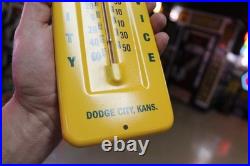RARE 1950s JOHN DEERE DODGE CITY KANSAS STAMPED METAL THERMOMETER SIGN TRACTOR
