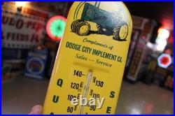 RARE 1950s JOHN DEERE DODGE CITY KANSAS STAMPED METAL THERMOMETER SIGN TRACTOR