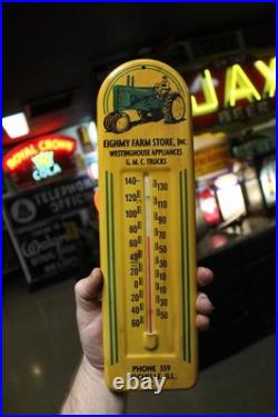 RARE 1950s JOHN DEERE GMC ROCHELLE ILL EMBOSSED METAL THERMOMETER SIGN TRACTOR