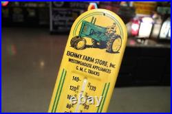 RARE 1950s JOHN DEERE GMC ROCHELLE ILL EMBOSSED METAL THERMOMETER SIGN TRACTOR
