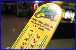 RARE 1950s JOHN DEERE GMC ROCHELLE ILL EMBOSSED METAL THERMOMETER SIGN TRACTOR