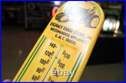 RARE 1950s JOHN DEERE GMC ROCHELLE ILL EMBOSSED METAL THERMOMETER SIGN TRACTOR